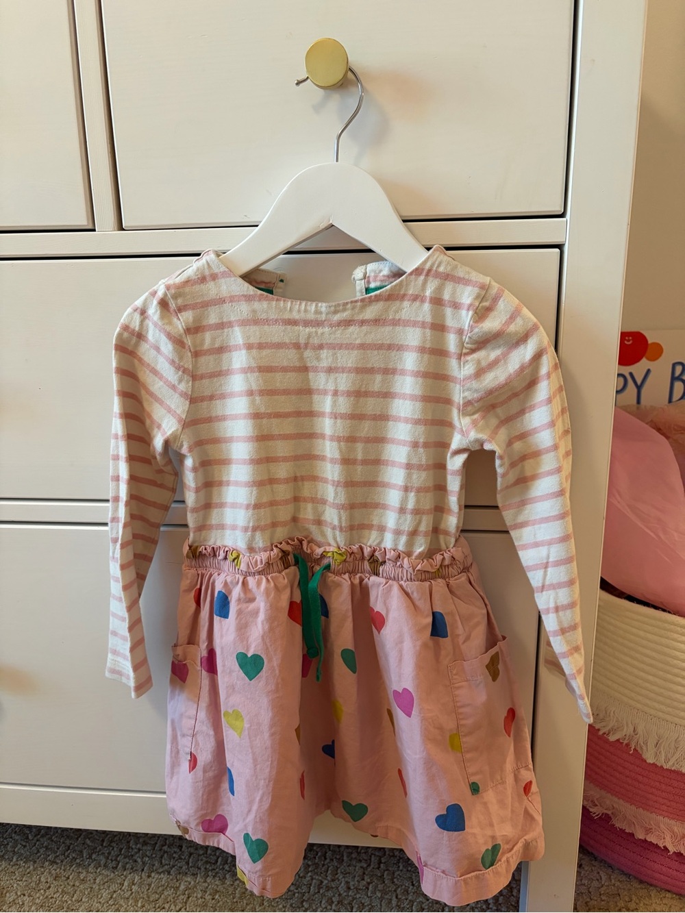 Mini Boden Girls 2-3Y Long Sleeve Heart Print Dress Pink White Stripe